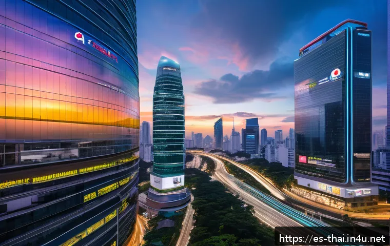태국의 글로벌 경제 파트너 - A futuristic technology hub in Bangkok at dusk, showcasing modern skyscrapers with neon lights and d...