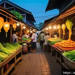 Home 19 태국의 요리 학교 경험 - A vibrant Thai street market scene at dawn, featuring local vendors selling fresh authentic ingredie...