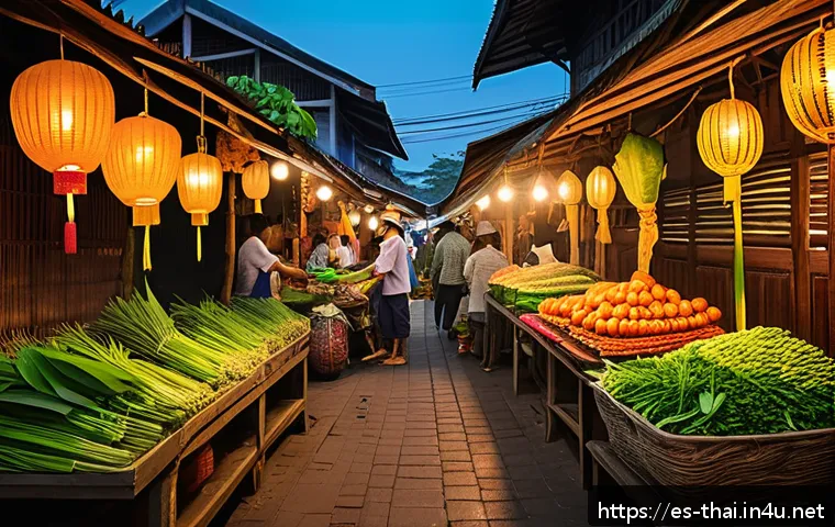태국의 요리 학교 경험 - A vibrant Thai street market scene at dawn, featuring local vendors selling fresh authentic ingredie...