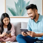 Home 18 태국의 IT 및 데이터 산업 - A modern Thai family in a bright, stylish living room using multiple digital devices such as smartph...