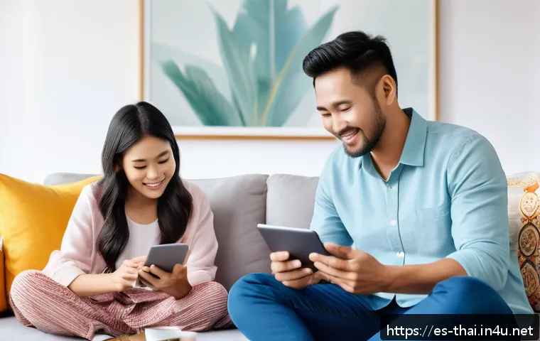 태국의 IT 및 데이터 산업 - A modern Thai family in a bright, stylish living room using multiple digital devices such as smartph...