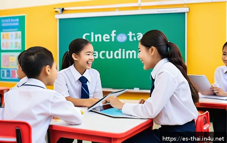 태국의 교육 시스템 - A vibrant classroom scene in a modern Thai school featuring diverse students actively engaged in a c...
