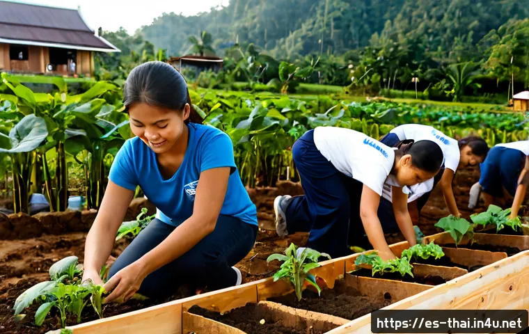 Home 17 태국의 봉사활동 기회 - Photorealistic community volunteer scene in rural northern Thailand, diverse Spanish-speaking young ...