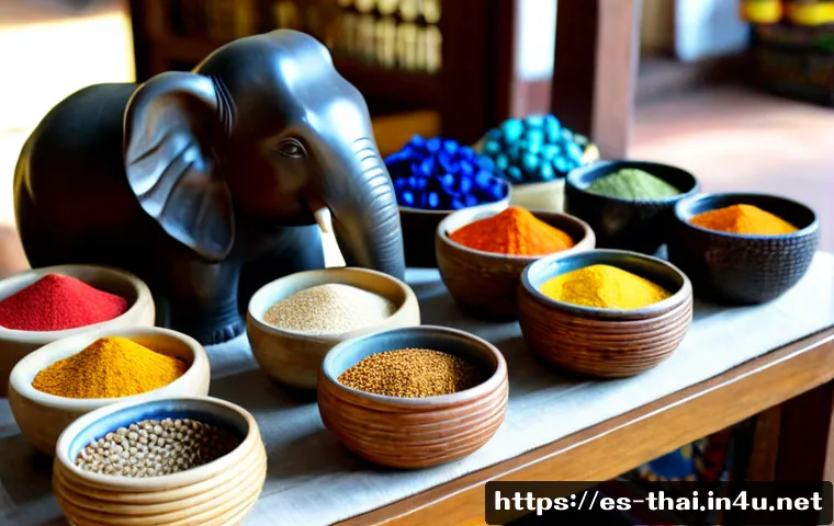 Home 30 태국에서 인기 있는 기념품 - Photorealistic Bangkok souvenir market display, elegant hand-painted Thai silk scarves, carved woode...