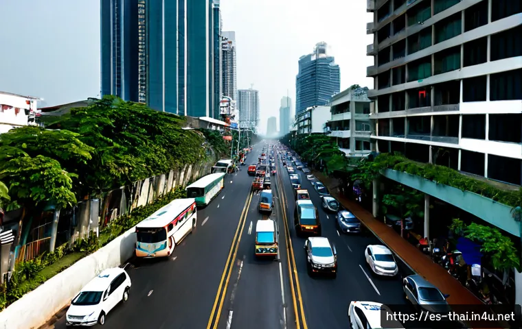 Home 17 태국의 도시화 문제 - Photorealistic wide street-level view of Bangkok urbanization: modern high-rise apartments rising be...