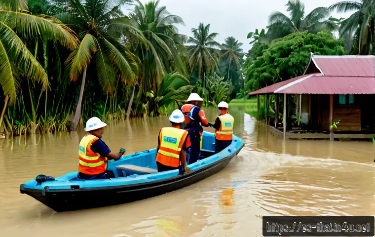 Home 17 태국의 자연 재해와 대응 - Photorealistic tropical flood response in rural Thailand, emergency workers in bright safety vests g...