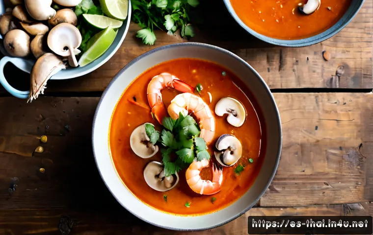 똠얌꿍 레시피 - Photorealistic overhead view of a steaming bowl of tom yum kung on a rustic kitchen table, vibrant o...