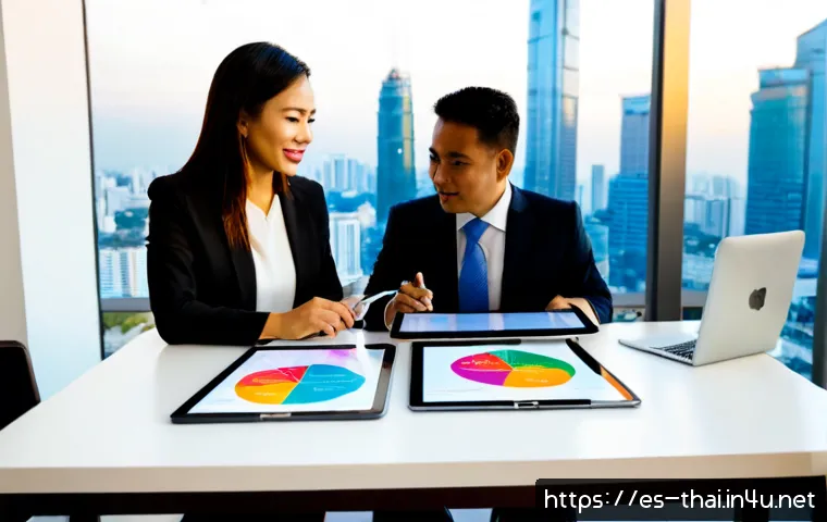 태국의 글로벌 마케팅 전략 - Photorealistic global marketing strategy meeting in Bangkok, Thai business leaders and Spanish-speak...