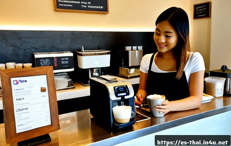 태국에서 신용카드 사용하기 - Photorealistic travel payment scene in a modern Bangkok café, a Spanish-speaking female traveler usi...