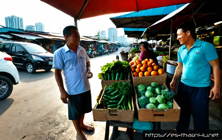 태국의 도시 및 시골 교류 - Photorealistic wide-angle scene of a bustling Thai city market exchange: a friendly rural farmer in ...